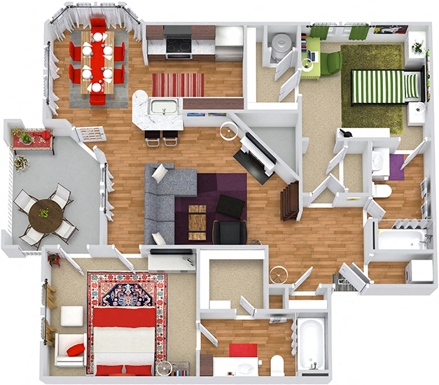 Floor plan for 2 beds, 2 baths, 1050 sqft